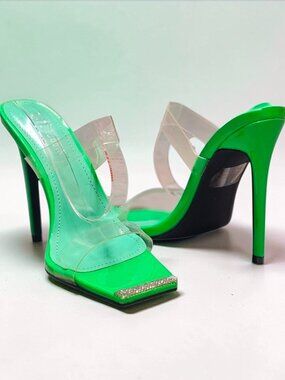 Green & Clear PVC High Heel Slip-On Sandals With Rhinestone Detail Square Toe St